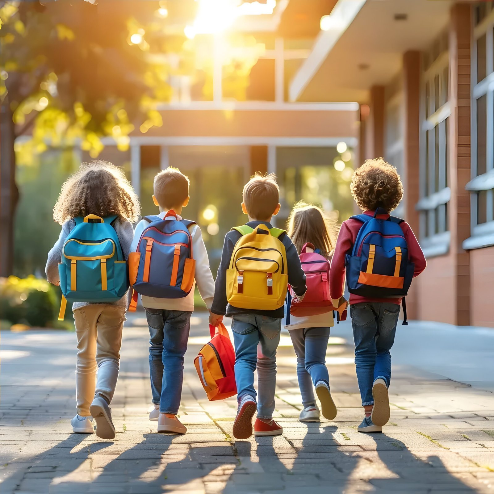 Children with colorful backpacks walk away from the camera along a sunlit sidewalk outside a building.
